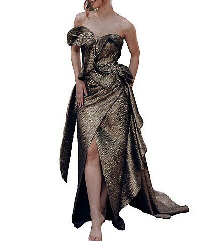 Terani Couture Metallic Jacquard Strapless Faux Wrap Over Gown