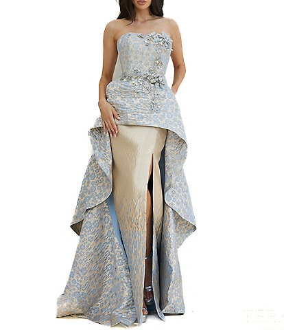 Terani Couture Metallic Jacquard Strapless Flower Embellished Over Skirt Gown