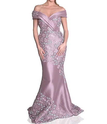 Terani Couture Mikado 3D Floral Embroidered Off-the-Shoulder Cap Sleeve Mermaid Gown