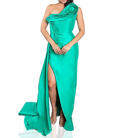 Terani Couture Mikado One Shoulder 3D Pleated Side Drape Mermaid Gown