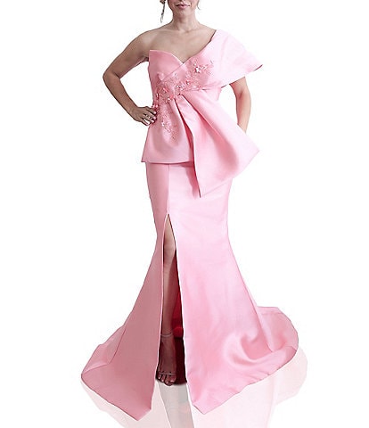Terani Couture Mikado One Shoulder Neck Oversized Bow Applique Gown