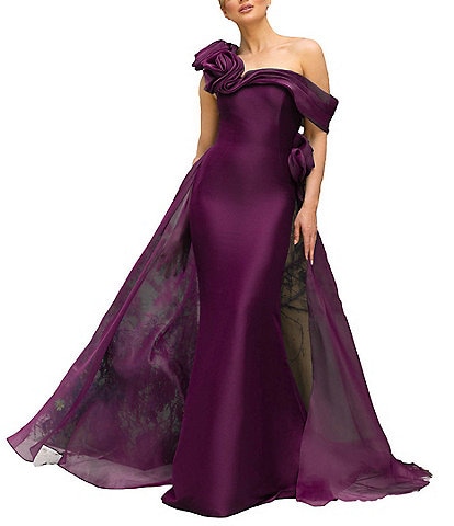 Terani Couture Mikado One Shoulder Rosette Applique Train Gown