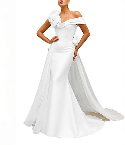 Terani Couture Mikado One Shoulder Rosette Applique Train Gown