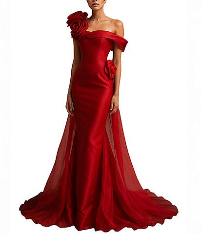 Terani Couture Mikado One Shoulder Rosette Applique Train Gown