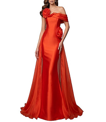Terani Couture Mikado One Shoulder Rosette Applique Train Gown