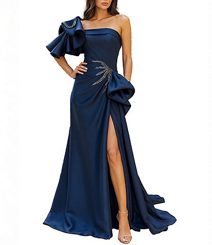 Terani Couture Mikado One Shoulder Ruffle Sleeve Sequin Applique Gathered Side Slit Gown