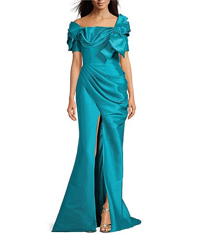 Terani Couture Mikado Ruffle Off the Shoulder Bow Front Short Sleeve Mermaid Gown