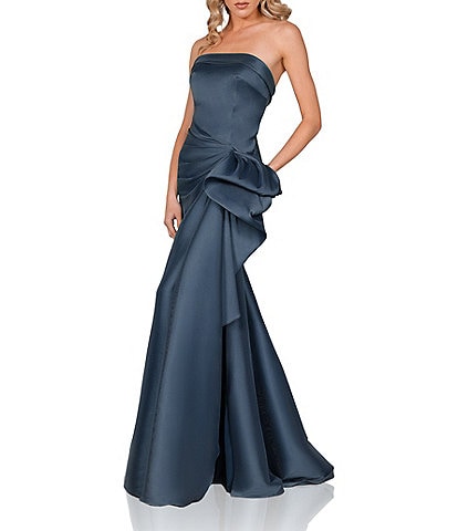 Terani Couture Mikado Strapless Side Ruffle A-Line Gown