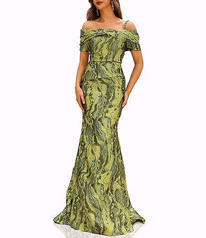 Terani Couture Off Shoulder 1 Strap Jacquard Mermaid Gown