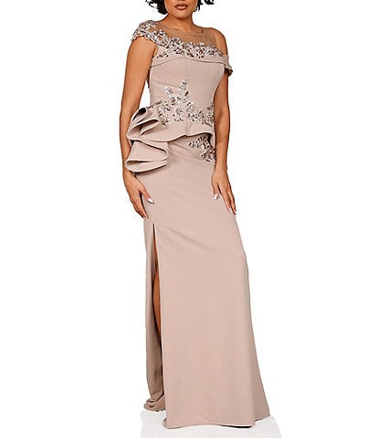 Terani Couture Off-the-Shoulder Bodice Applique Ruffled Peplum Gown