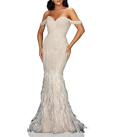 Terani Couture Off-the-Shoulder Cap Sleeve Beaded Feather Mermaid Gown