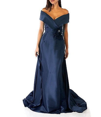 Terani Couture Off-the-Shoulder Cap Sleeve Feather Waist Ball Gown
