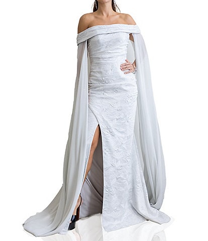 Terani Couture Off-The-Shoulder Chiffon Long Cape Sleeves Jacquard Column Gown