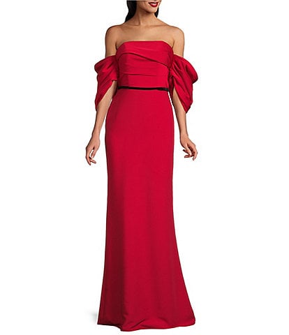 Terani Couture Off-The-Shoulder Draped Short Sleeves Matte Satin Column Gown