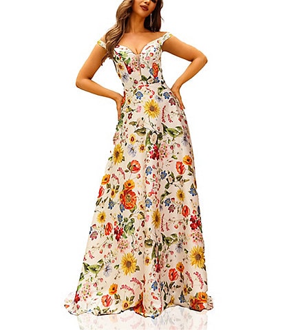 Terani Couture Off-The-Shoulder Floral Print Satin A-line Gown