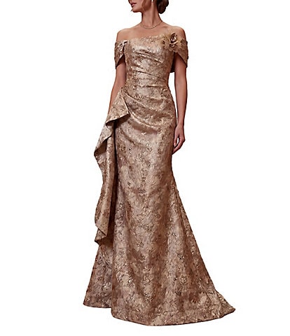 Terani Couture Off the Shoulder Jacquard Mermaid Gown