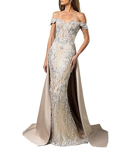 Terani Couture Off The Shoulder Lace Mermaid Gown With Over Skirt
