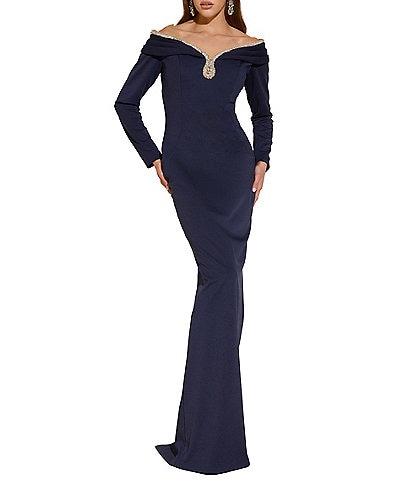 Terani Couture Off The Shoulder Long Sleeve Beaded Gown