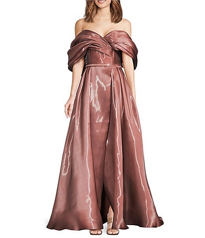 Terani Couture Off-The-Shoulder Pleated Short Sleeve Shimmer Organza A-Line Gown