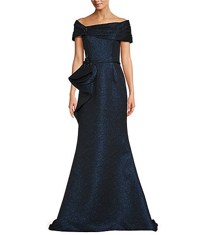 Terani Couture Off-The-Shoulder Ruffle Front Metallic Jacquard Mermaid Gown