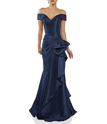 Terani Couture Off-the-Shoulder Ruffle Front Mikado Gown