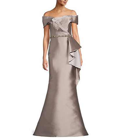 Terani Couture Off-The-Shoulder Ruffle Front Mikado Sheath Gown