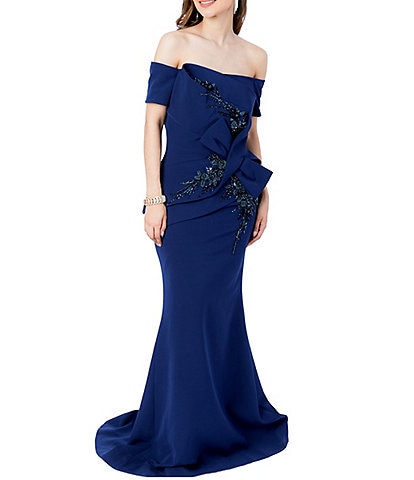 Terani Couture Off-The-Shoulder Short Sleeve Peplum Waist Mermaid Gown