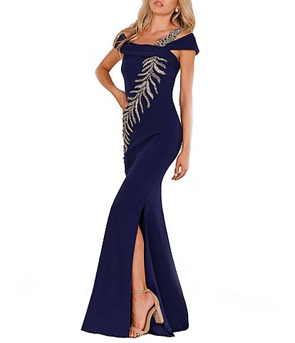 Terani Couture Off-the-Shoulder Short Sleeve Side Slit Cascading Leaf Bead Mermaid Gown