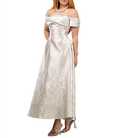Terani Couture Off The Shoulder Side Pockets Brocade Tea Length Dress