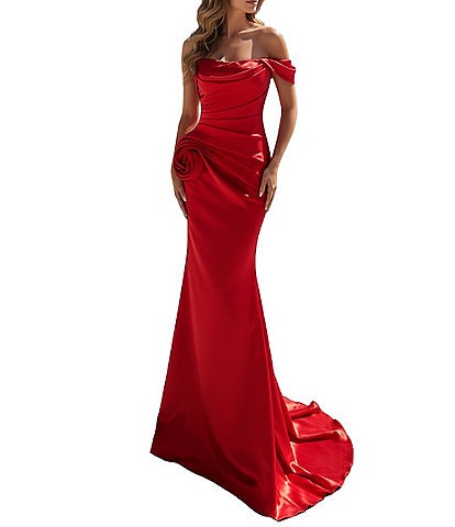 Terani Couture One Off-The-Shoulder Shimmer Sheath Gown