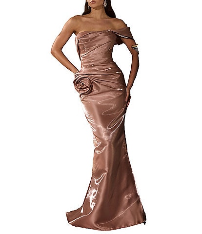 Terani Couture One Off-The-Shoulder Shimmer Sheath Gown