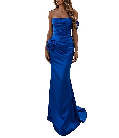 Terani Couture One Off-The-Shoulder Shimmer Sheath Gown