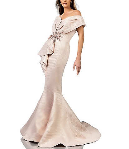 Terani Couture One Shoulder 3D Ruffle Front Front Jacquard Mermaid Gown