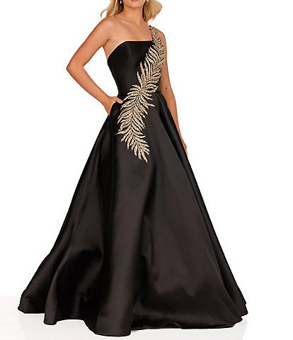 Terani Couture Sleeveless One Shoulder Beaded Strap Back Detail Ball Gown