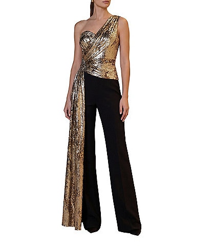 Terani Couture One Shoulder Metallic Drape Jumpsuit