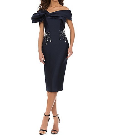 Terani Couture One Shoulder Off-the-Shoulder Midi Sheath Dress