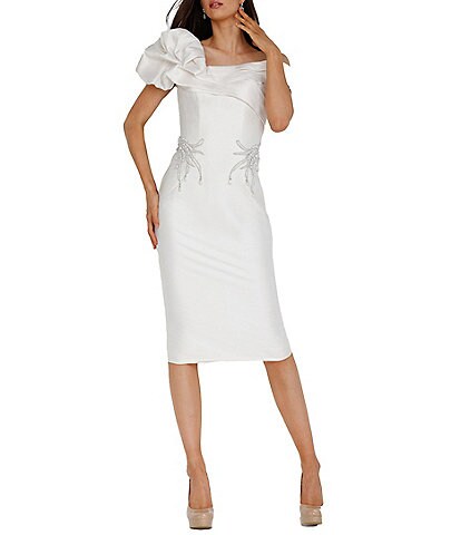 Terani Couture One Shoulder Off-the-Shoulder Midi Sheath Dress