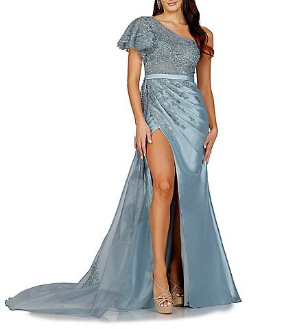 Terani Couture One Shoulder Short Puffed Sleeve Pleated Front Slit Embellished Mermaid Dress