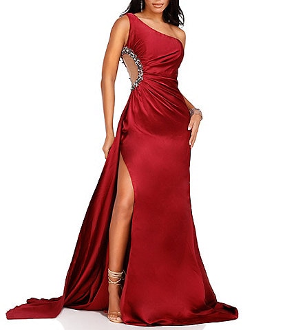 Terani Couture One Shoulder Sleeveless Side Cut Out with Beaded Trim Mermaid Gown