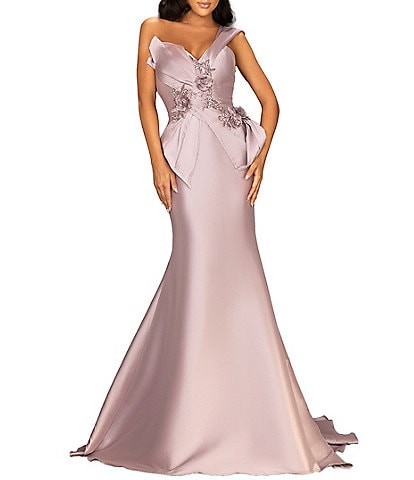 Terani Couture One Shoulder Sweetheart Floral Applique Mikado Mermaid Gown