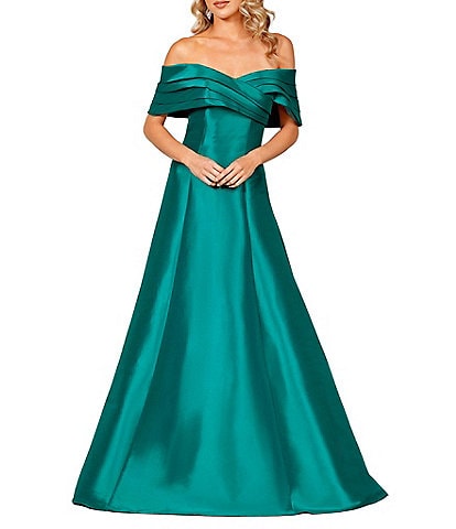 Terani Couture Pleated Off-the-Shoulder A-Line Gown