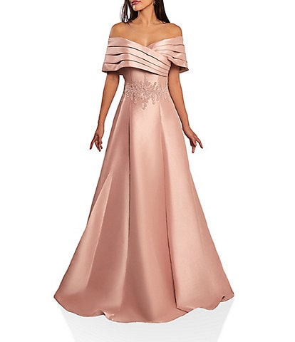 Terani Couture Pleated Off-the-Shoulder Waist Applique Ball Gown