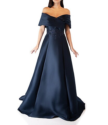 Terani Couture Pleated Off-the-Shoulder Waist Applique Ball Gown