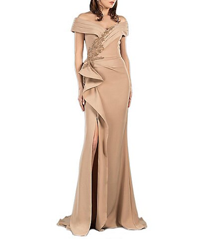 Terani Couture Pleated Off-the-Shoulder Short Sleeve Thigh High Slit Beaded Applique Gown