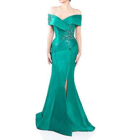 Terani Couture Pleated Off-the-Shoulder Short Sleeve Mermaid Gown