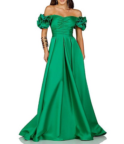 Terani Couture Ruffled Off-the-Shoulder Ruched Bodice Ball Gown