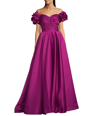 Terani Couture Ruffled Off-the-Shoulder Ruched Bodice Ball Gown