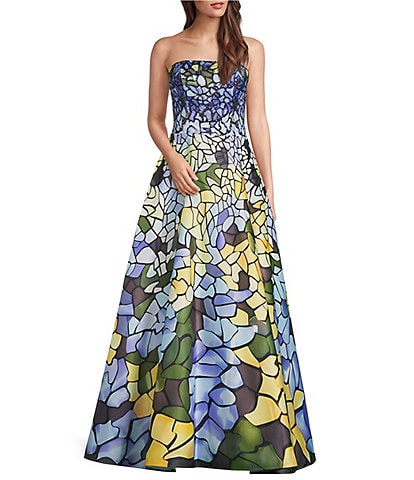 Terani Couture Satin Abstract Print Strapless Neck Sleeveless A-Line Ball Gown