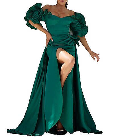 Terani Couture Satin Off-the-Shoulder Ruffle 3/4 Sleeve Skirt Overlay Gown
