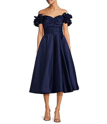 Terani Couture Satin Off the Shoulder Ruffle Cap Sleeve Fit and Flare Midi Dress